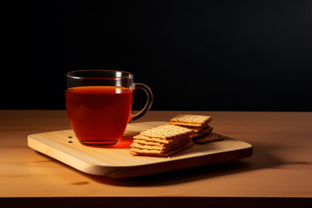 Cup of tea and crackers on a wooden table against a black backgroundの素材