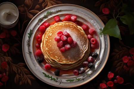 Pancakes with raspberries, blackberries and maple syrupの素材