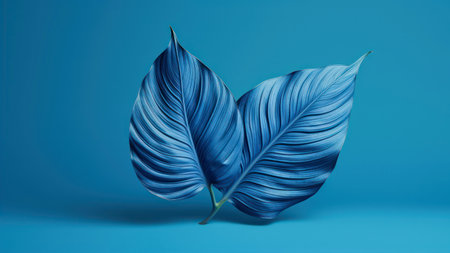 Blue monstera leaf on blue background. 3d render illustration.の素材