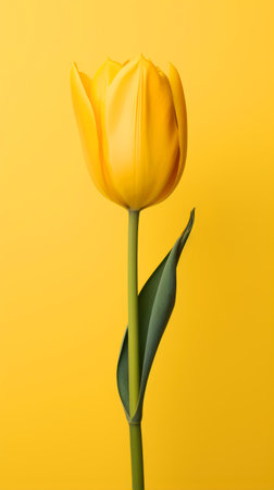 Yellow tulip on a yellow background with copy space for text.の素材