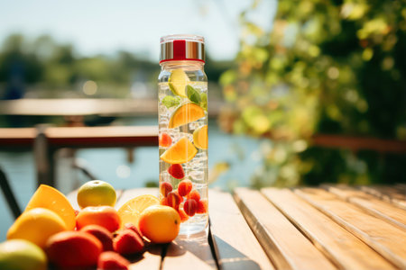 Fruit and berry detox water in a bottle on a wooden tableの素材