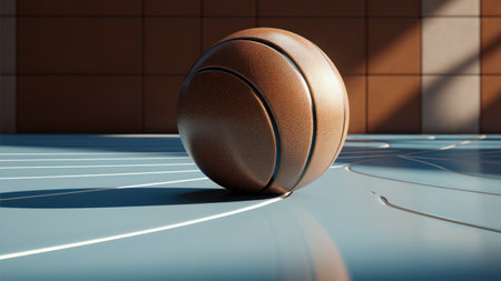 Basketball ball on a basketball court. 3d render illustration.の素材