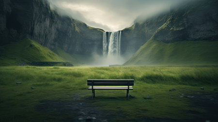 Lonely bench in front of Skogafoss waterfall, Icelandの素材