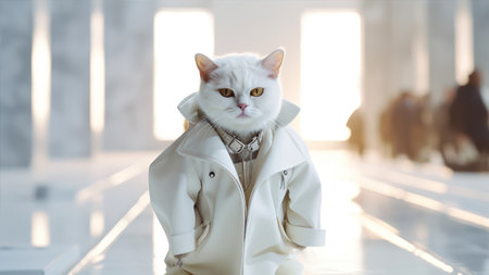Portrait of a white cat in a coat with a collar.の素材