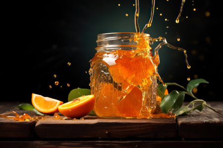 Orange juice in a glass jar on a wooden table on a dark backgroundの素材