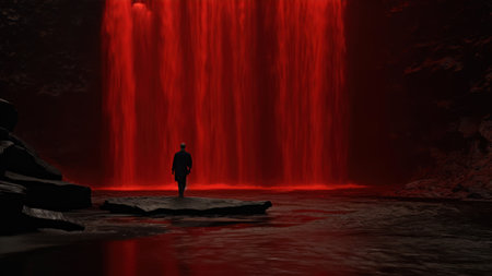 Man looking at a red light in a dark cave. 3d renderingの素材