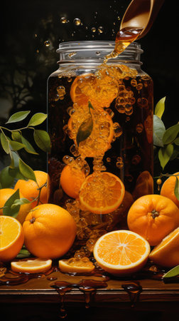Orange juice in a jar on a dark background with oranges and leavesの素材