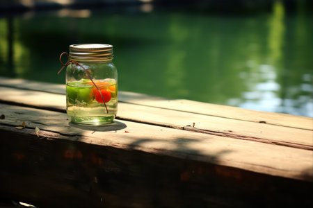 Cocktail in a glass jar on a wooden dock by the lakeの素材