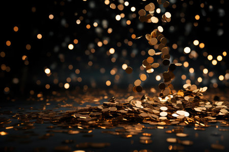 Golden coins falling on dark background with bokeh effect. 3d renderingの素材