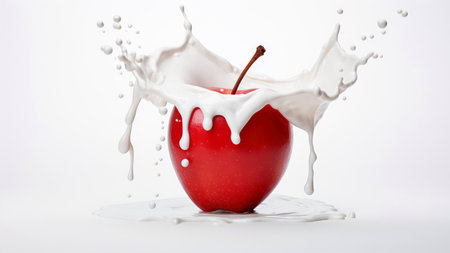 Red apple and milk splash isolated on white background. 3d illustrationの素材