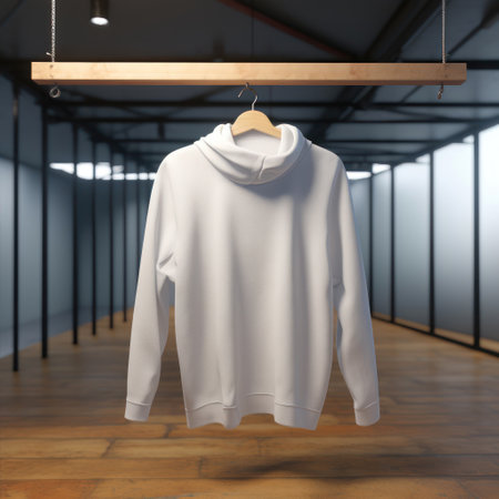Blank white sweatshirt hanging on wooden hanger in the room. Mockup, 3D Renderingの素材