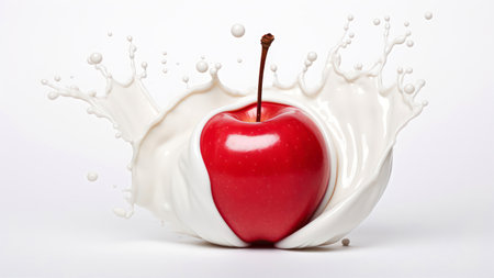 Red apple in milk splash isolated on white background. 3d illustrationの素材
