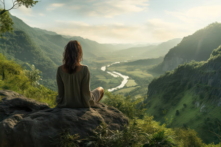 Young woman sitting on the edge of the cliff and looking at the valley.の素材