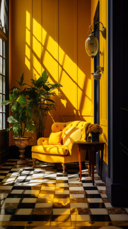 Yellow armchair in front of a yellow wall with a plant in a potの素材