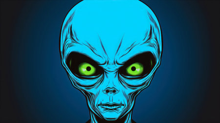 Alien head with green eyes on dark blue background. 3D renderingの素材