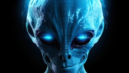 Cyborg or Alien with glowing eyes on dark background 3D renderingの素材