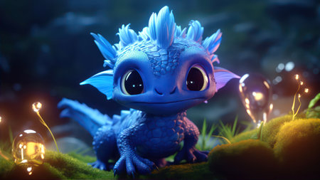 Fantasy fairy tale scene with cute blue monster in green moss. 3d renderingの素材