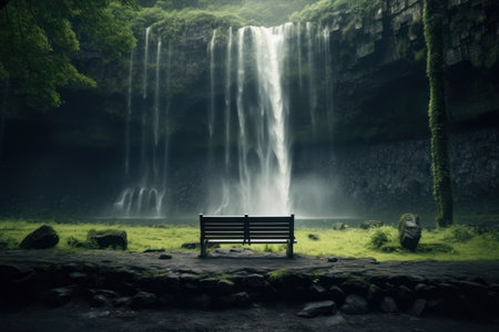 Lonely bench with waterfall in the background. 3d renderingの素材