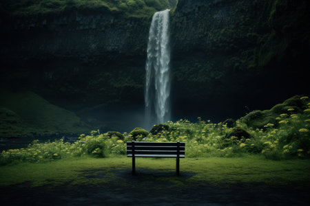 Lonely bench in front of a waterfall. 3d renderingの素材