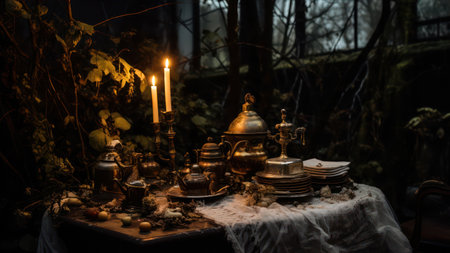 Vintage candlestick and candlestick on the table in the forest at nightの素材