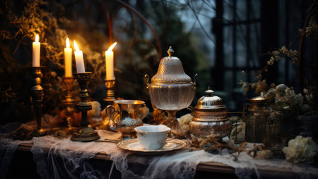 Vintage tea set with candles and candlesticks. selective focus.の素材