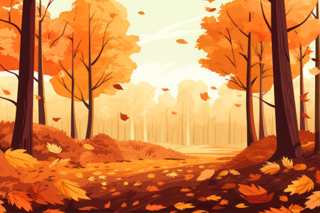 Autumn forest landscape with trees and fallen leaves, vector illustration.の素材