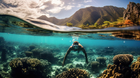 Underwater view of woman snorkeling in coral reef.の素材