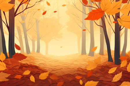 Autumn forest background with falling leaves and path. vector illustration.の素材