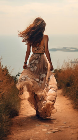 Beautiful woman in long dress walking on the path to the seaの素材