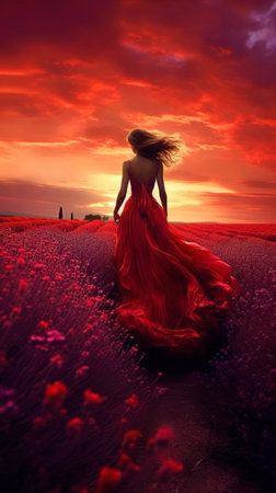 woman in lavender field at sunset. Beautiful girl in a long red dress.の素材