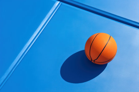 Orange basketball ball on a blue background. top view. copyspace.の素材