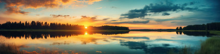 Beautiful sunset over the lake. panoramic view. nature composition.の素材