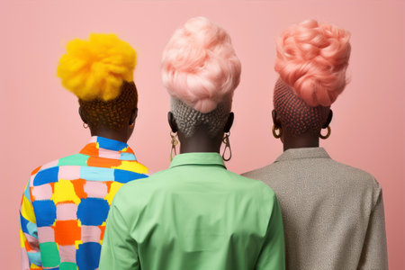 Rear view of three stylish african american women with trendy hairstyle on pink backgroundの素材