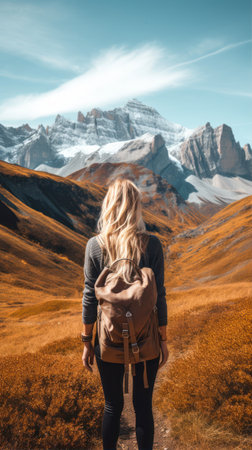 Young woman with backpack standing on top of the mountain and looking at the beautiful viewの素材