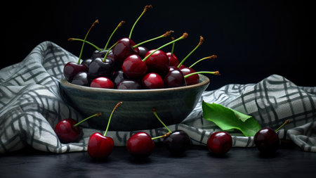 Fresh cherries in a bowl on a black background. selective focus.の素材