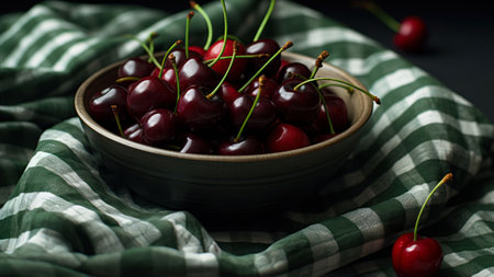 Cherries in a bowl on a green napkin on a dark backgroundの素材