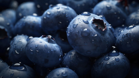 Blueberries with water drops close-up, macro photography, shallow depth of fieldの素材
