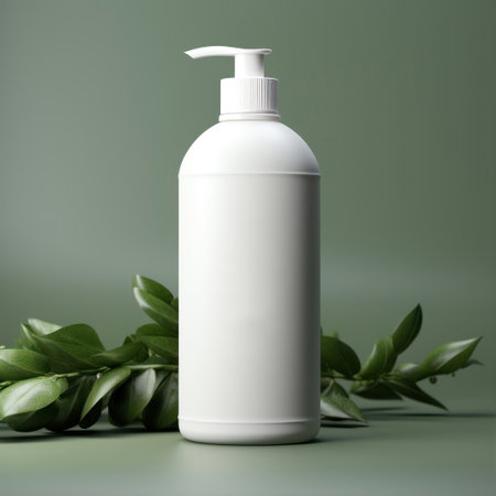 Blank white cosmetic bottle on green background with green leaves. mockup.の素材