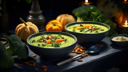 Pumpkin and broccoli cream soup in bowl on dark background.の素材