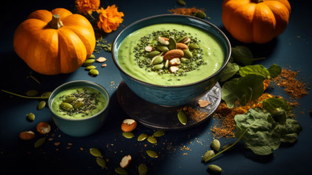 Pumpkin cream soup with chia seeds and pumpkin seeds on dark backgroundの素材