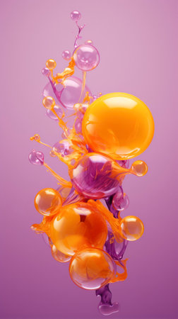 Colorful balloons and splashes on purple background. 3d renderingの素材