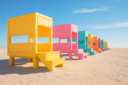 Colorful beach chairs in the desert. 3d render illustration.の素材