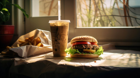 Hamburger, french fries and coffee on the windowsill.の素材