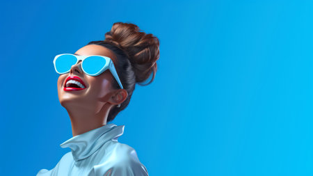 Beautiful young woman with sunglasses on blue background. 3d renderingの素材