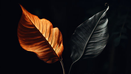 Close up of two black and orange tropical leaves on dark background.の素材