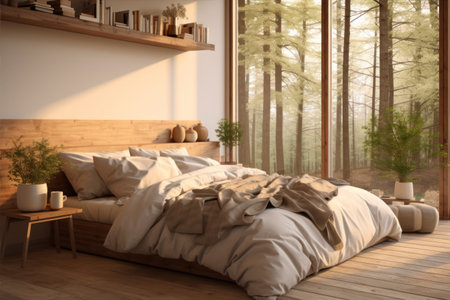 Interior of modern bedroom with wooden walls, wooden floor and comfortable king size bed. 3d renderingの素材
