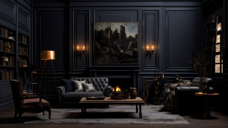 Classic living room interior with blue walls, sofa, armchair, coffee table, bookshelf and fireplace. 3d renderの素材