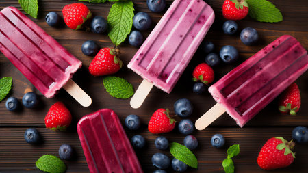 Homemade popsicles with fresh berries on wooden background. Top viewの素材