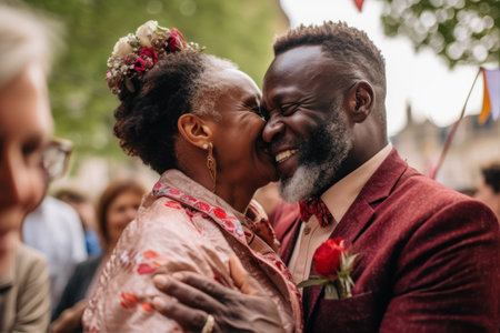 African American couple kissing on a wedding day in Paris, France.の素材