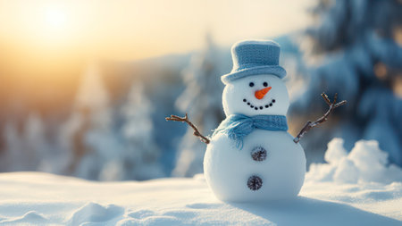 Funny snowman in the winter forest at sunset. Christmas backgroundの素材